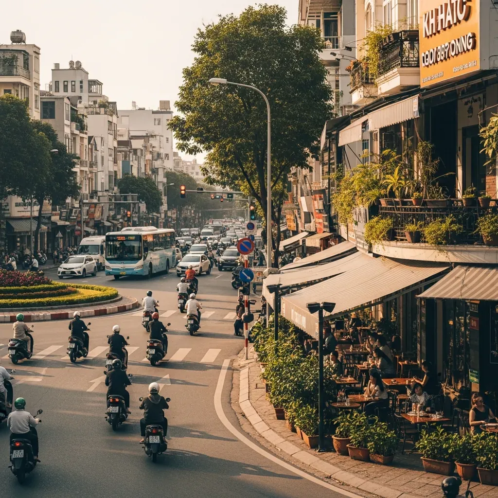 Cảnh phố Nguyễn Văn Khối quận Gò Vấp với xe máy và quán cà phê