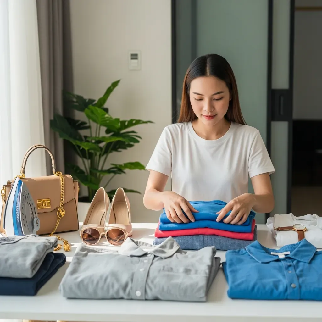 Người Việt phân loại quần áo, giày, túi sạch sẽ chuẩn bị mang ký gửi