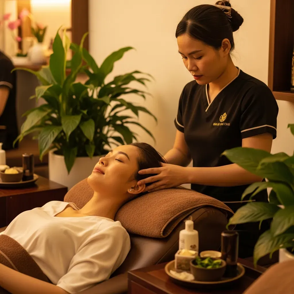 Chuyên viên massage đầu cổ vai gáy cho khách tại spa gội đầu dưỡng sinh