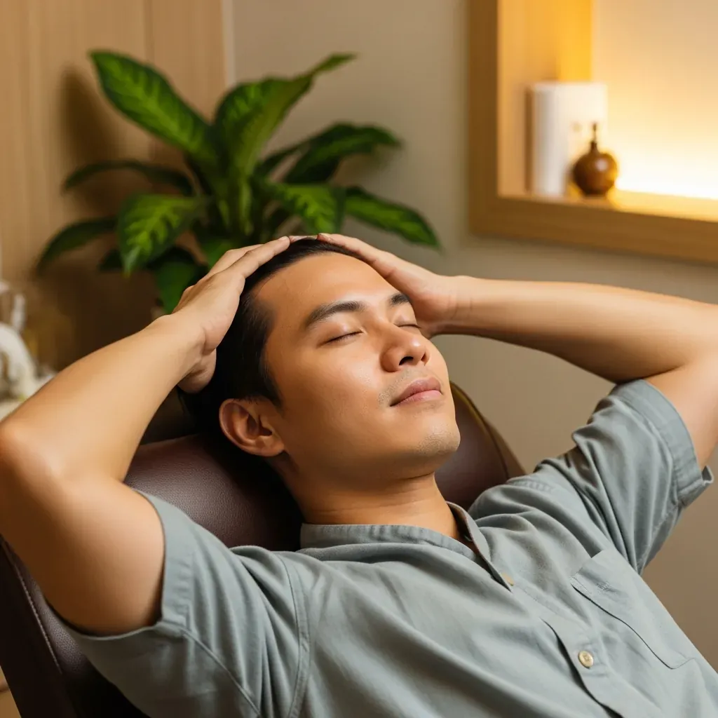 Khách nam thư giãn trong buổi gội đầu dưỡng sinh