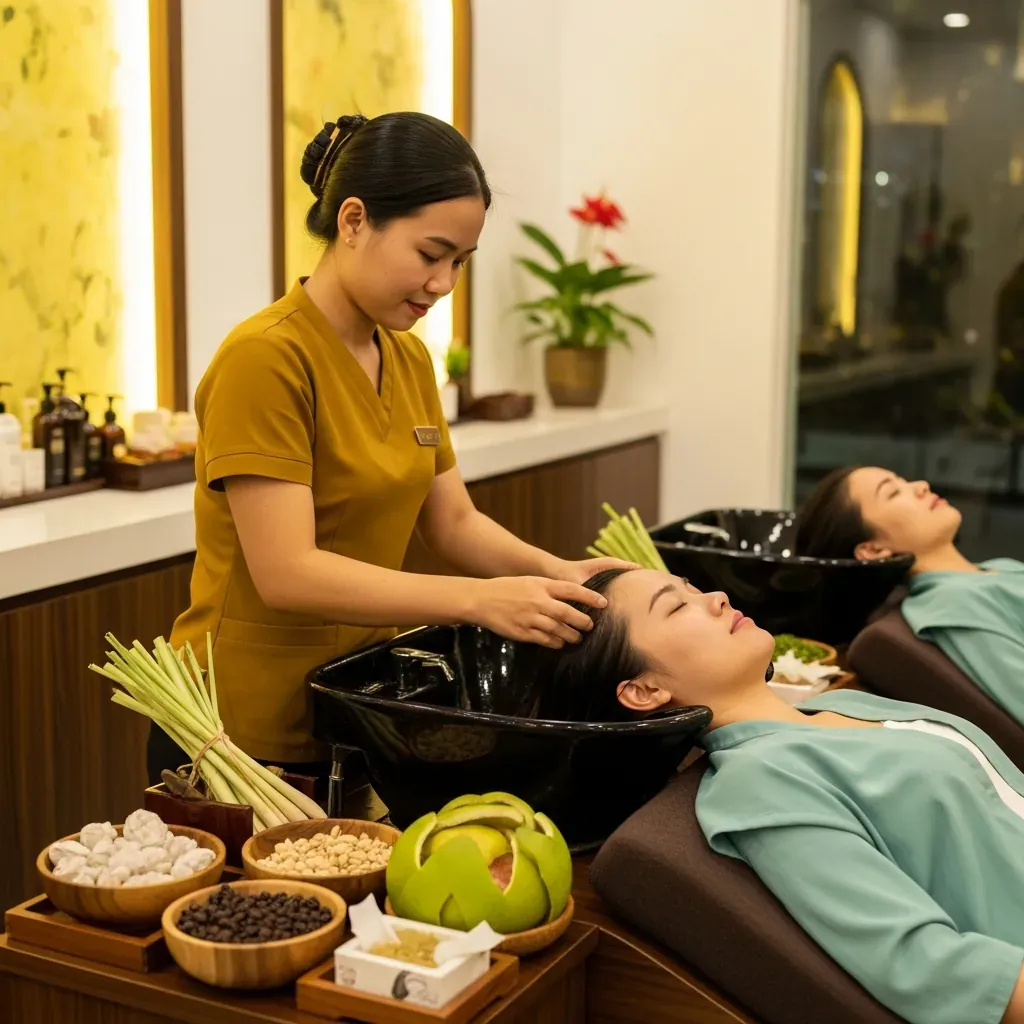 Nhân viên Linn Hair Spa hướng dẫn khách trong gói gội đầu thảo dược