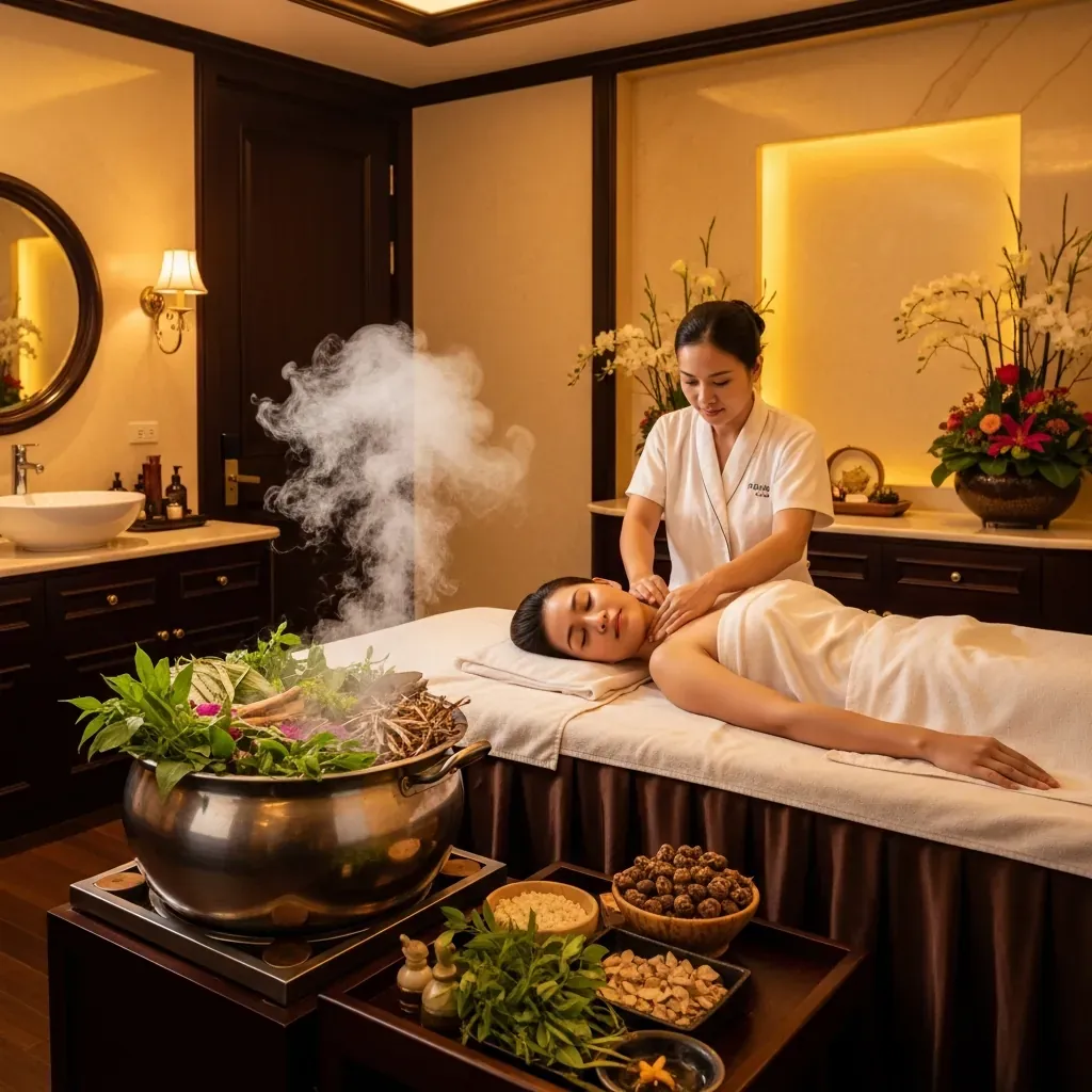 Không gian trị liệu cao cấp tại QueenPearl Luxury Spa với thảo dược tươi