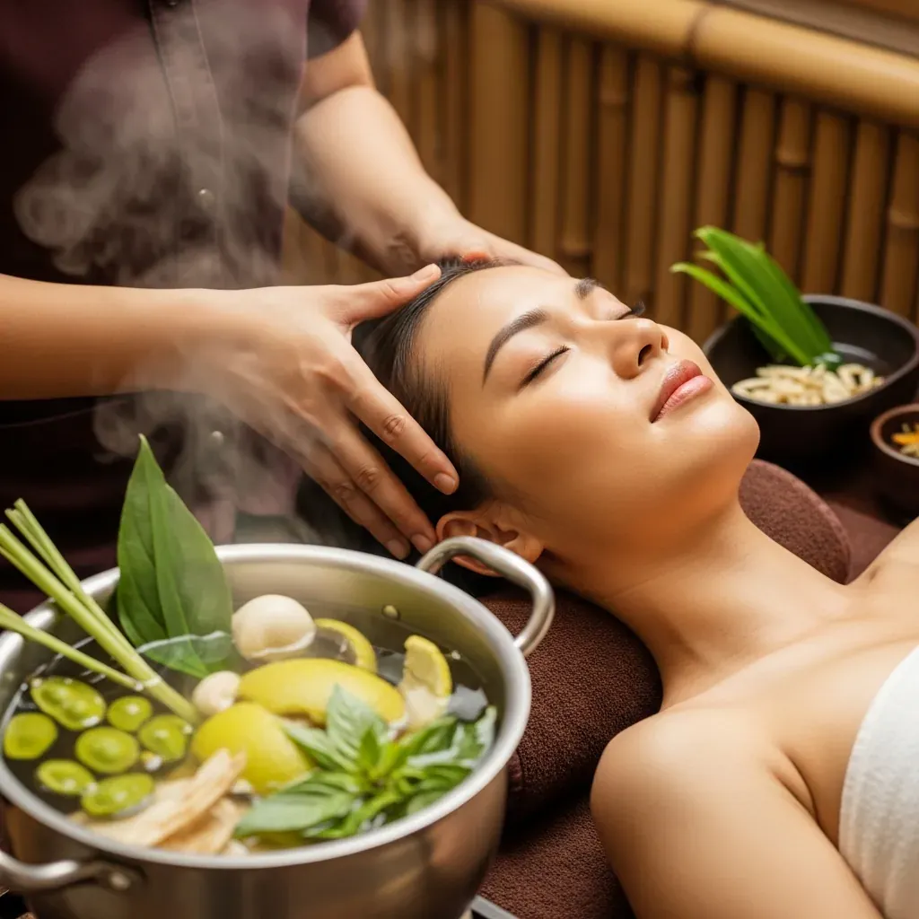 Liệu trình gội đầu dưỡng sinh với thảo dược tự nhiên và bấm huyệt vùng đầu cổ