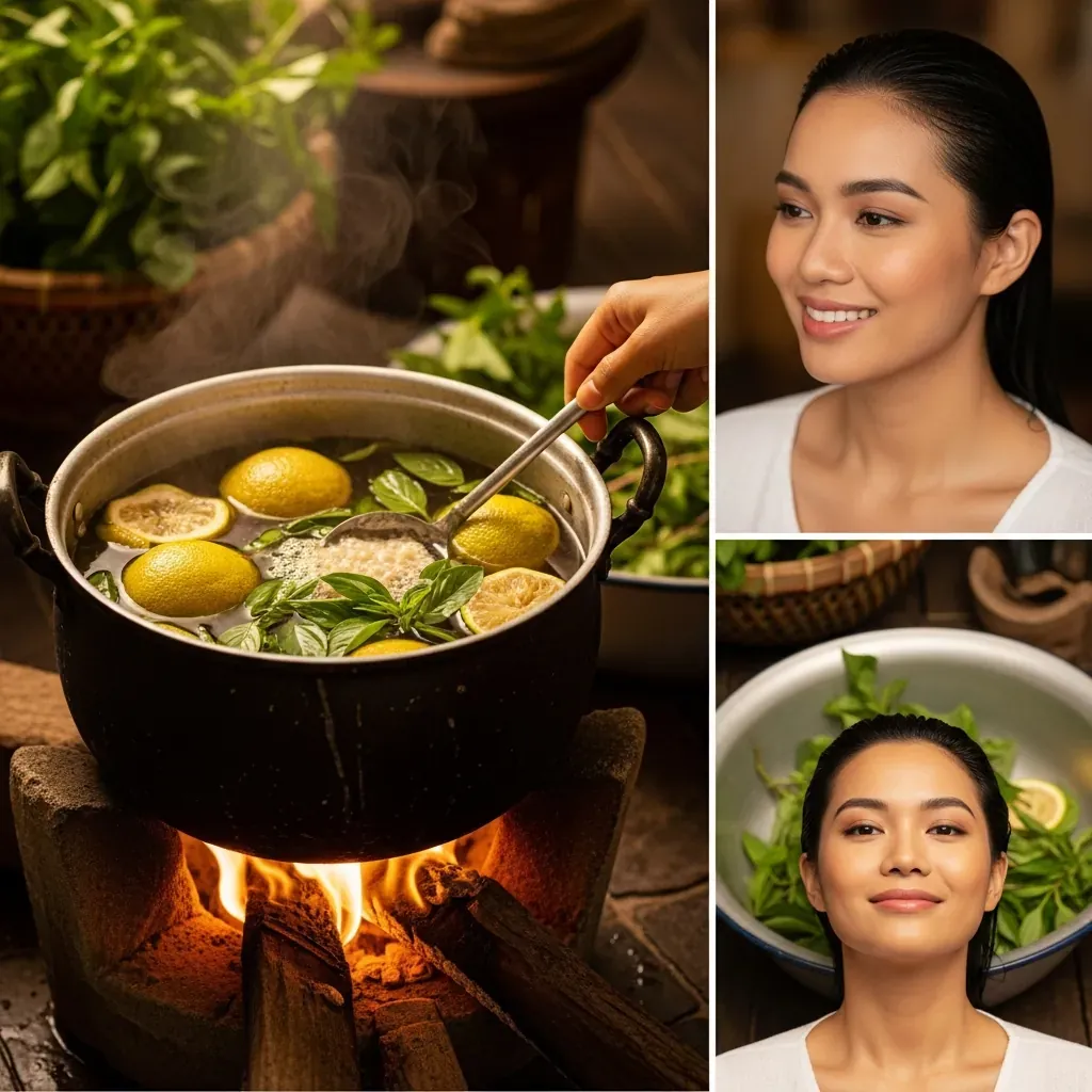 Nước gội bồ kết, hương nhu, vỏ bưởi nấu thủ công kiểu hoài cổ