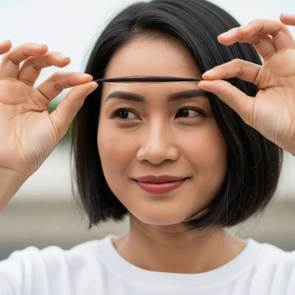 Cô gái tóc ngắn vui vẻ cầm lọn tóc nhỏ.