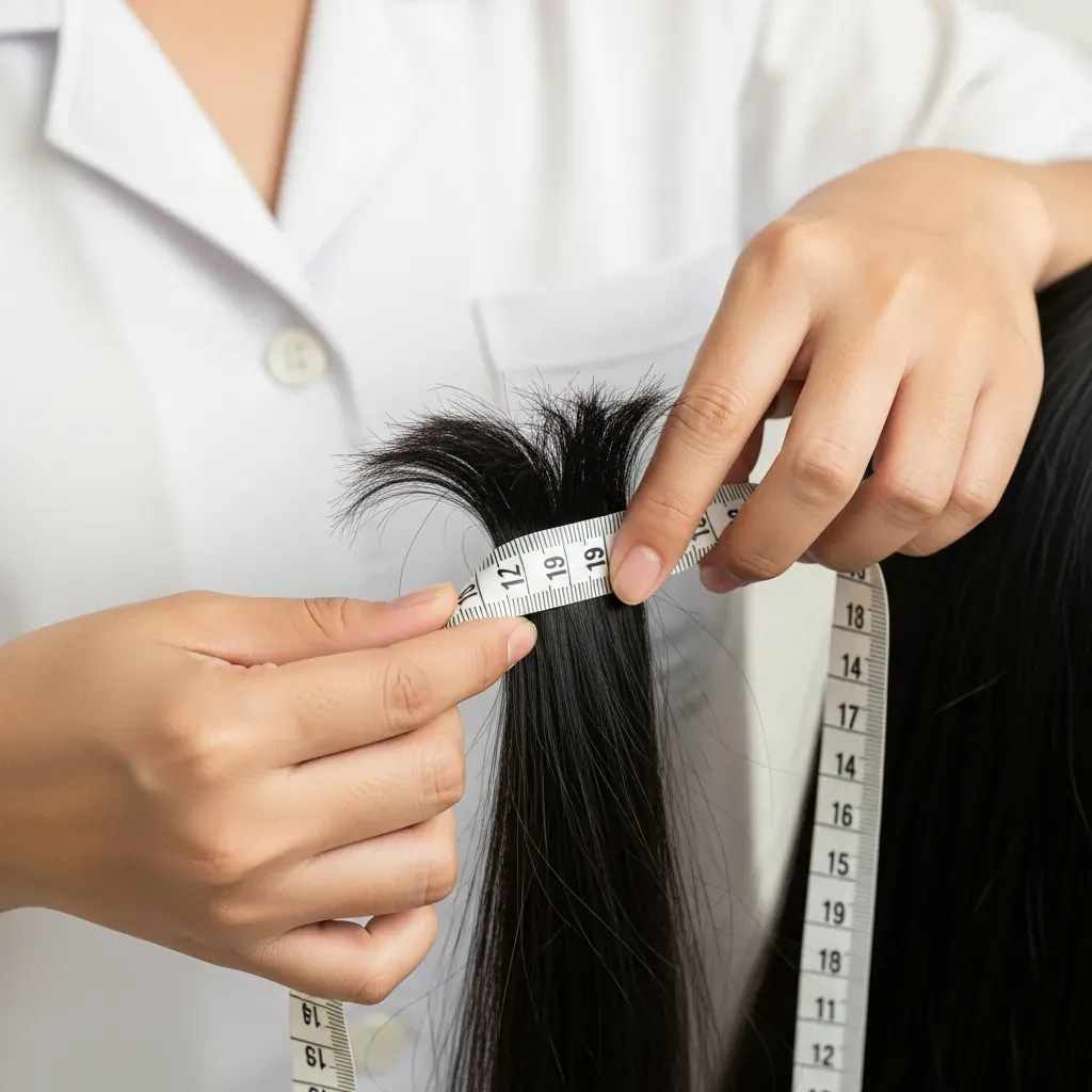 Đo chiều dài tóc bằng thước dây mềm trên tóc khô.