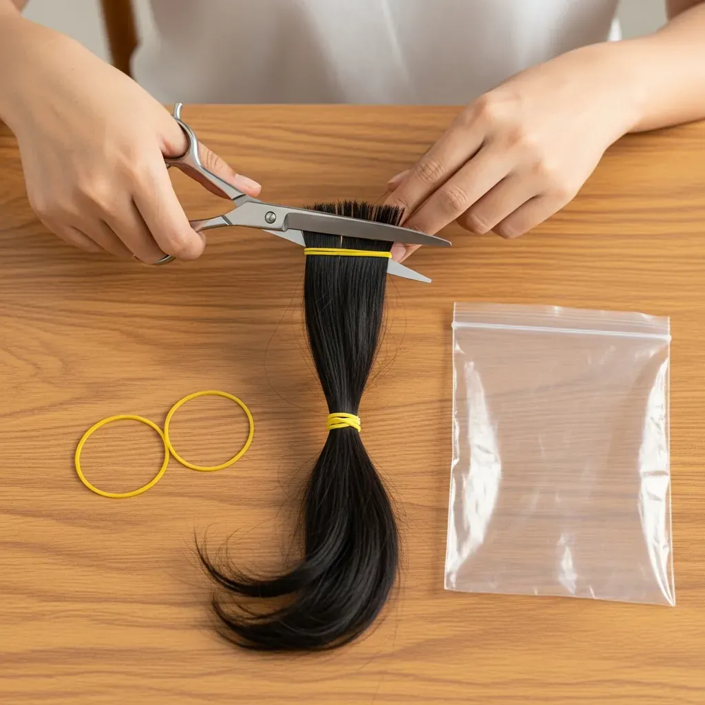 Dụng cụ cắt tóc tại nhà: kéo, dây thun vàng, túi zip.
