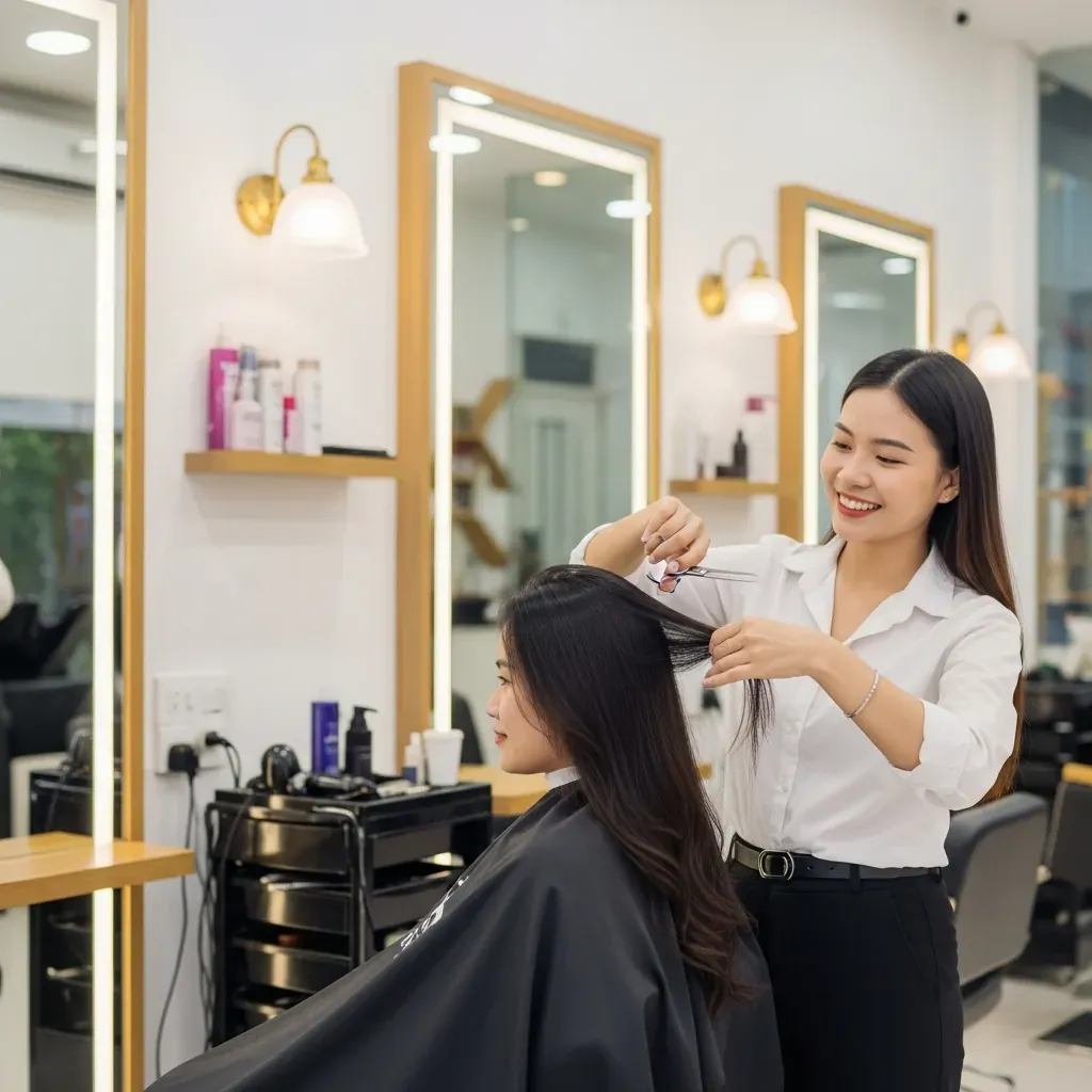 Khách hàng được cắt tóc miễn phí tại Salon Tóc Hồng.