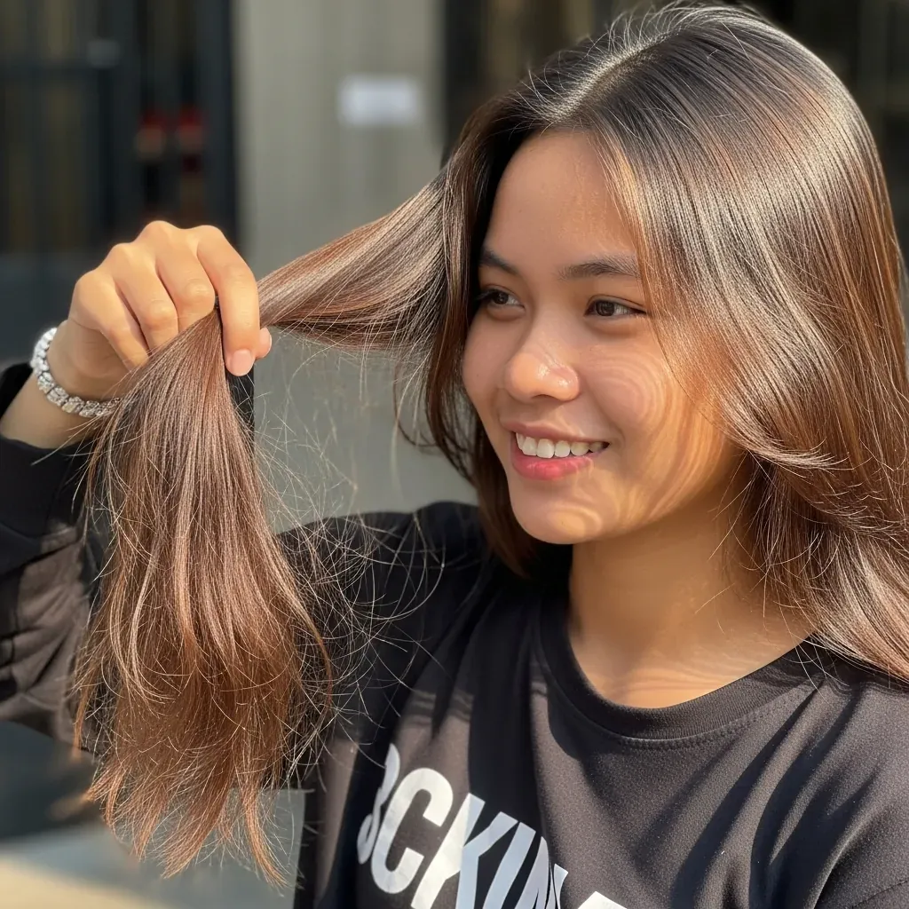 Người có tóc nhuộm highlight tươi cười, sẵn sàng hiến tóc.