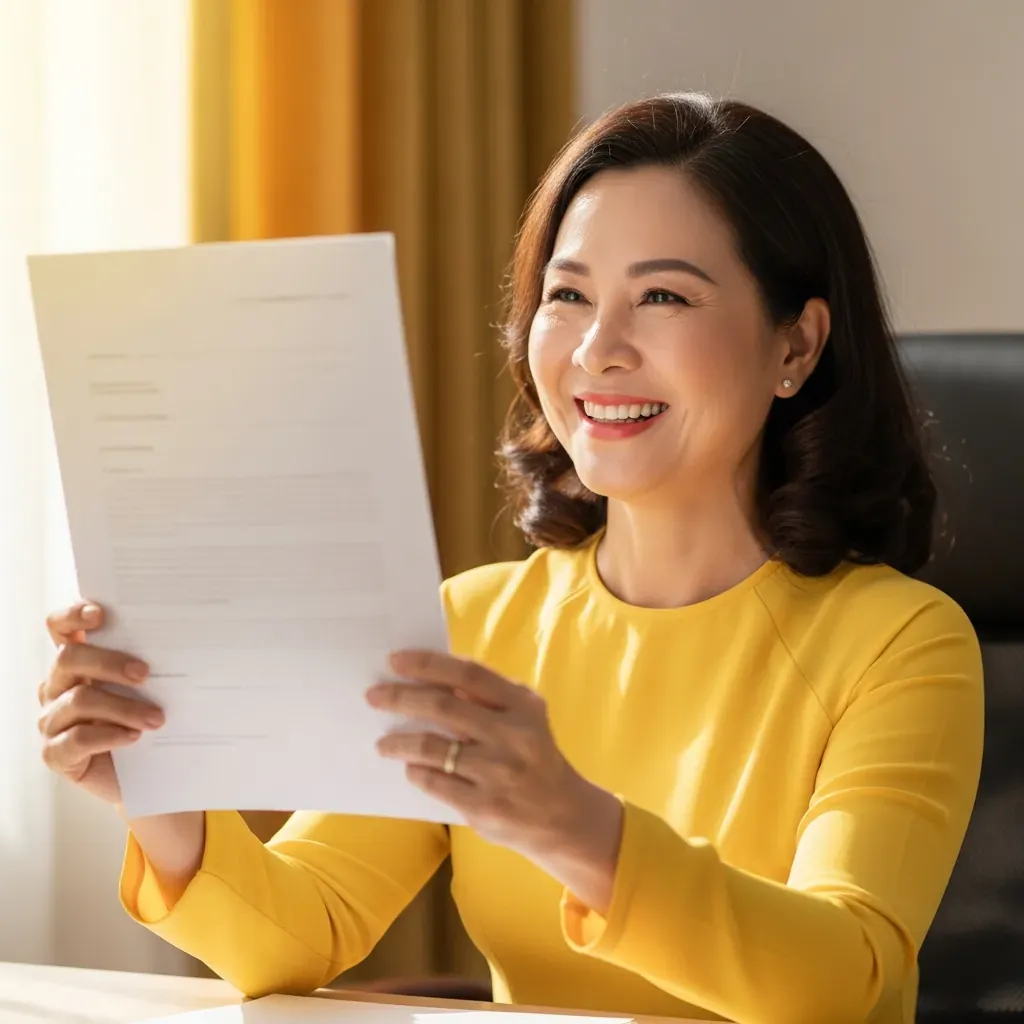 Người phụ nữ cầm giấy chứng nhận với vẻ vui mừng.