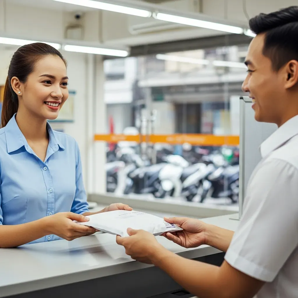 Người phụ nữ gửi bưu phẩm tóc tại bưu điện.