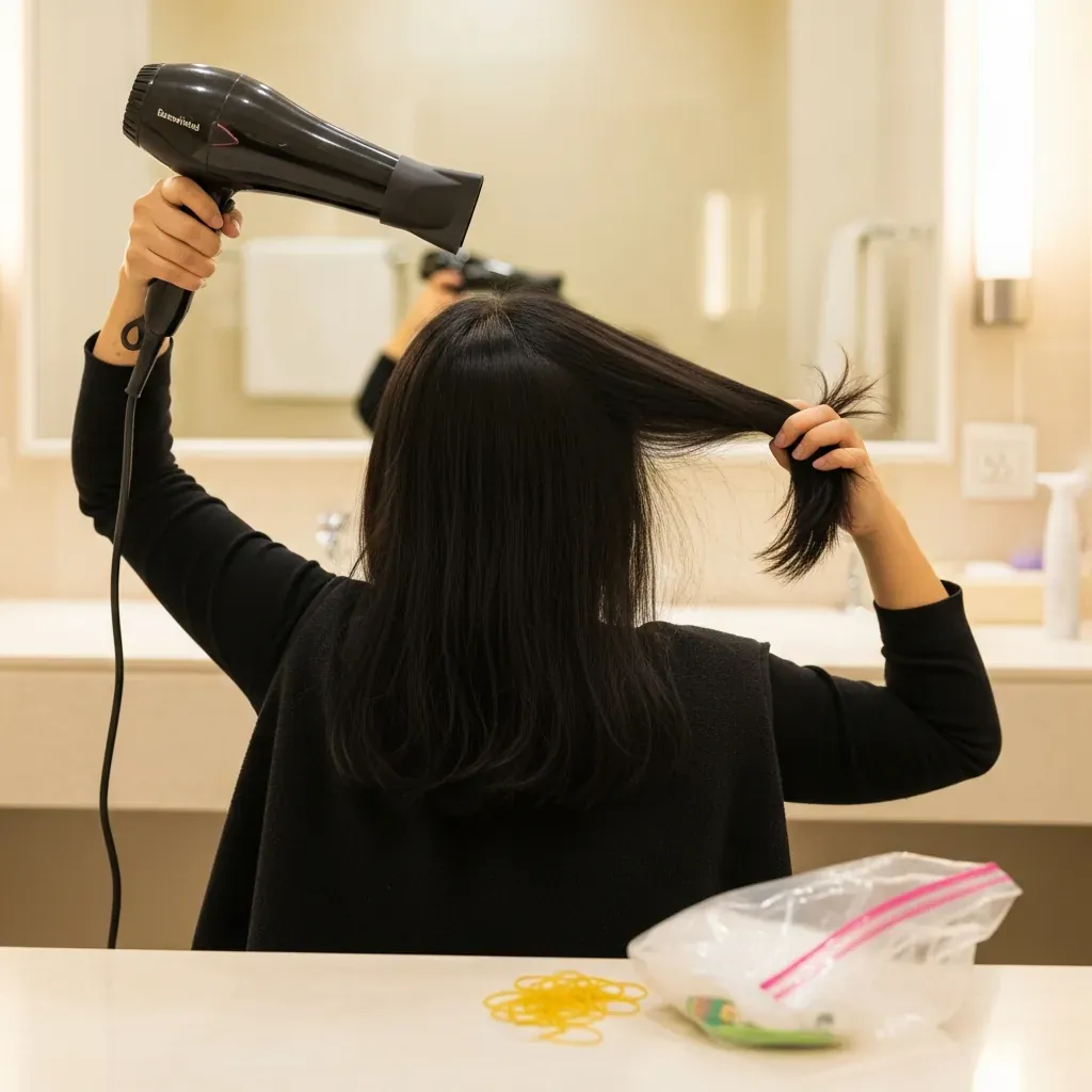 Người phụ nữ sấy khô tóc trước khi đóng gói, tránh tóc ẩm.