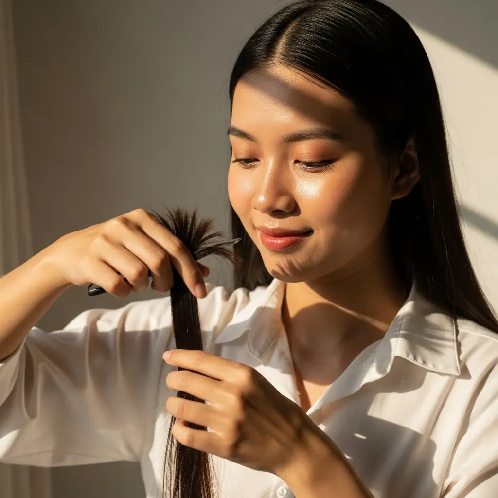 Người phụ nữ Việt Nam cầm lọn tóc, sẵn sàng hiến tặng.