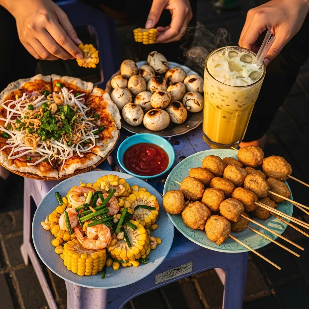 Các món ăn vặt đường phố gồm bánh tráng nướng, bắp xào, cá viên chiên, hột gà nướng và ly trà ổi trên bậc thềm Hồ Con Rùa.