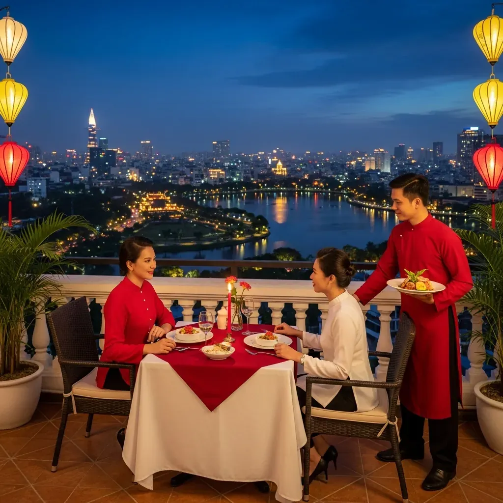 Cặp đôi đang dùng bữa tối lãng mạn trên sân thượng nhà hàng The Huế House, nhìn ra quang cảnh thành phố và Hồ Con Rùa.