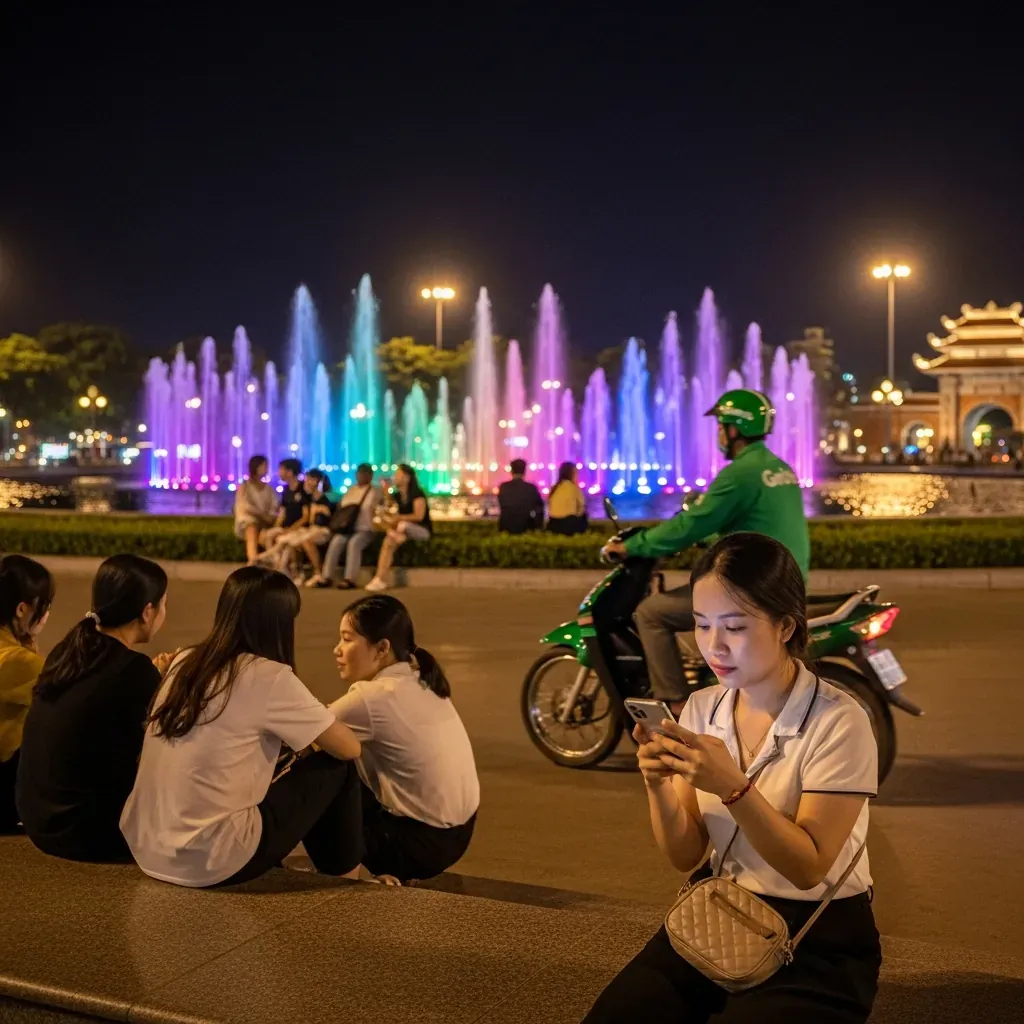 Khu vực đài phun nước sáng đèn với đông người trẻ tụ tập, một người đeo túi chéo an toàn và đang đặt xe công nghệ.