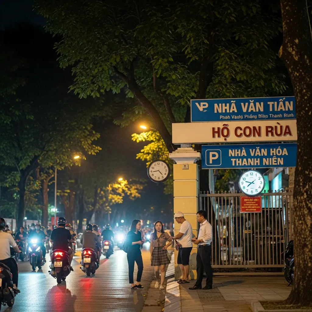 Người dân chuẩn bị lấy xe máy tại bãi giữ xe vào buổi tối muộn ở khu vực Hồ Con Rùa.