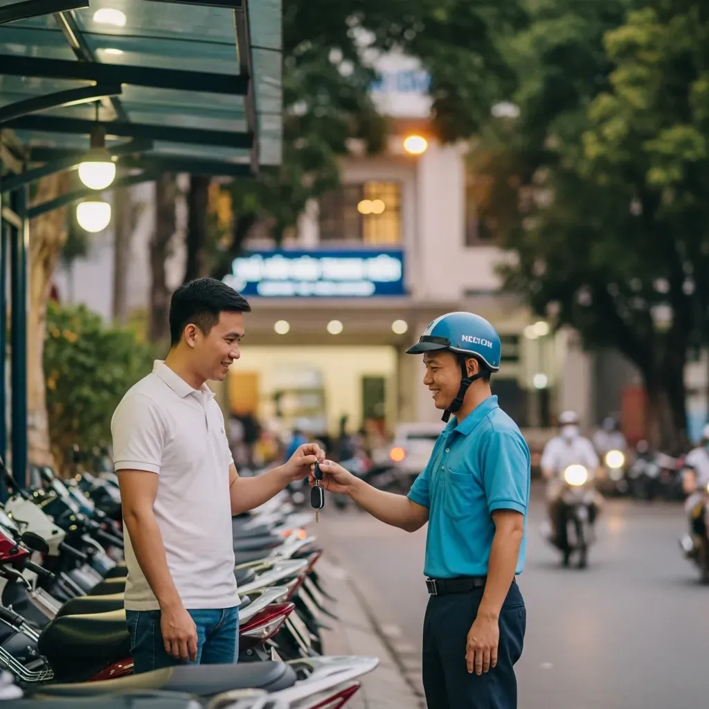 Người lái xe máy đang gửi xe tại bãi giữ xe Nhà Văn hóa Thanh niên, bối cảnh phố đông xe cộ.
