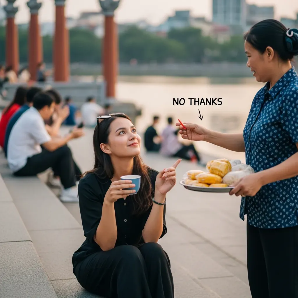 Người phụ nữ trẻ ngồi bệt ở Hồ Con Rùa từ chối lịch sự người bán hàng rong bằng nụ cười và cử chỉ nhẹ nhàng.