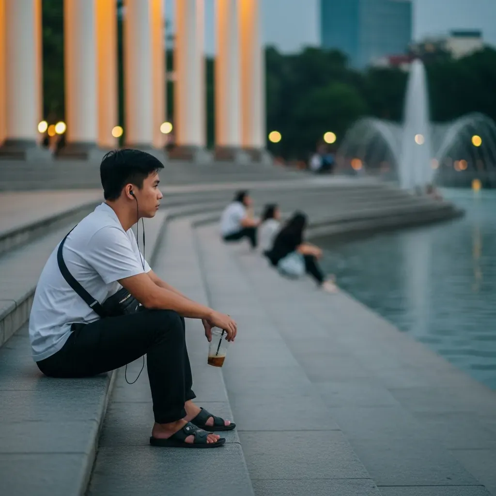 Người trẻ Việt Nam ngồi một mình thư giãn trên bậc thềm Hồ Con Rùa, tận hưởng không khí buổi tối.