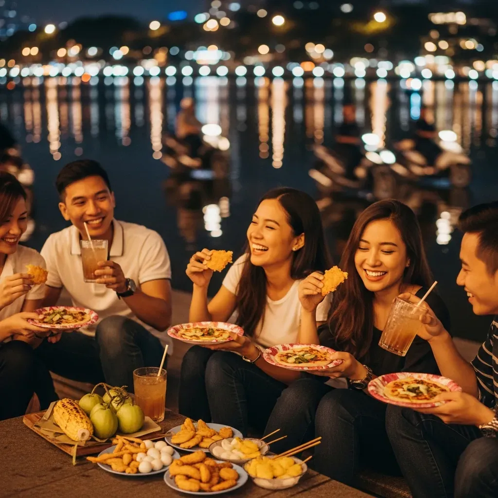 Nhóm bạn trẻ Việt Nam ngồi bệt trên bậc thềm quanh Hồ Con Rùa, thưởng thức các món ăn vặt như bánh tráng nướng và trà ổi.