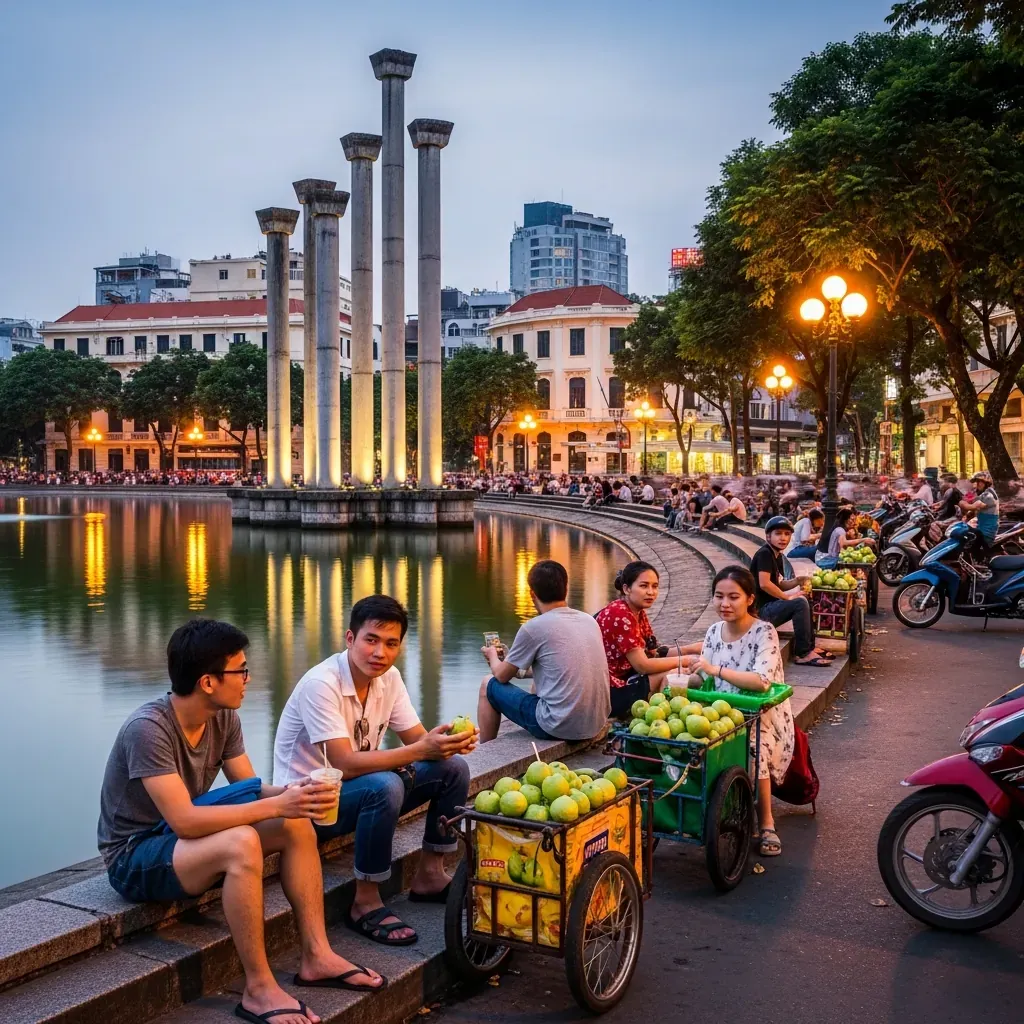 Toàn cảnh Hồ Con Rùa vào buổi chiều tối với đông đảo người trẻ ngồi trên bậc thềm quanh hồ, cột bê tông đặc trưng.