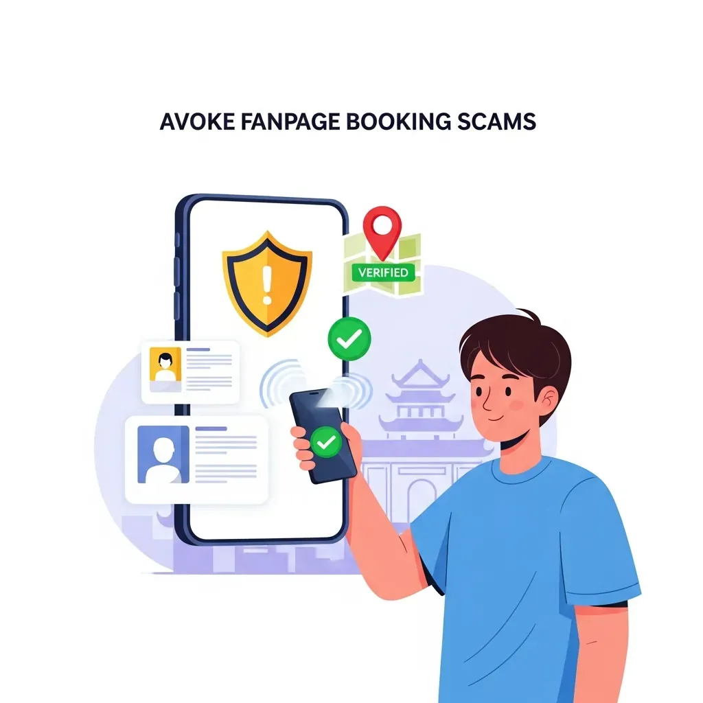 Minh họa cảnh báo lừa đảo đặt phòng qua fanpage giả