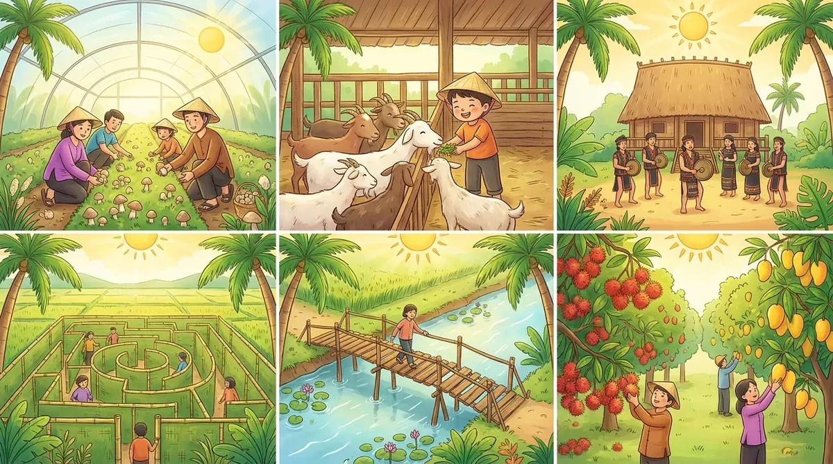 Bức tranh minh họa tổng hợp các hoạt động tại các khu du lịch sinh thái Củ Chi: hái nấm, xem cồng chiêng, đi cầu khỉ, tham quan vườn trái cây.