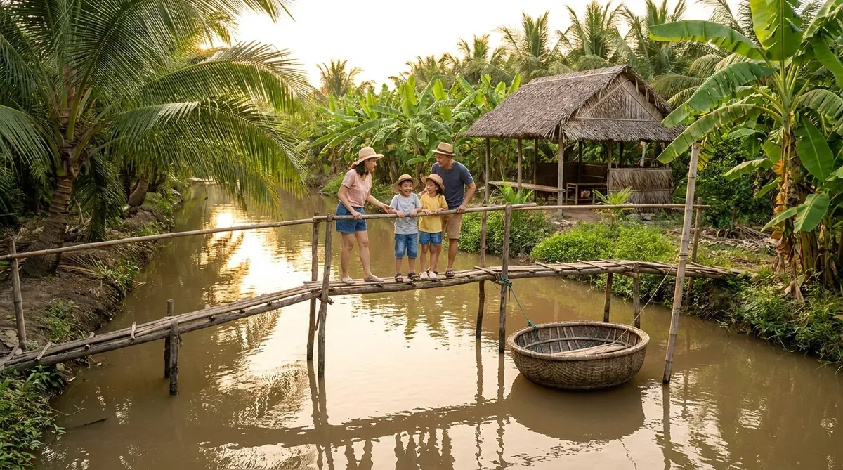 Cầu khỉ gỗ bắc qua kênh nhỏ tại khu du lịch Bình Mỹ, bối cảnh làng quê yên bình.
