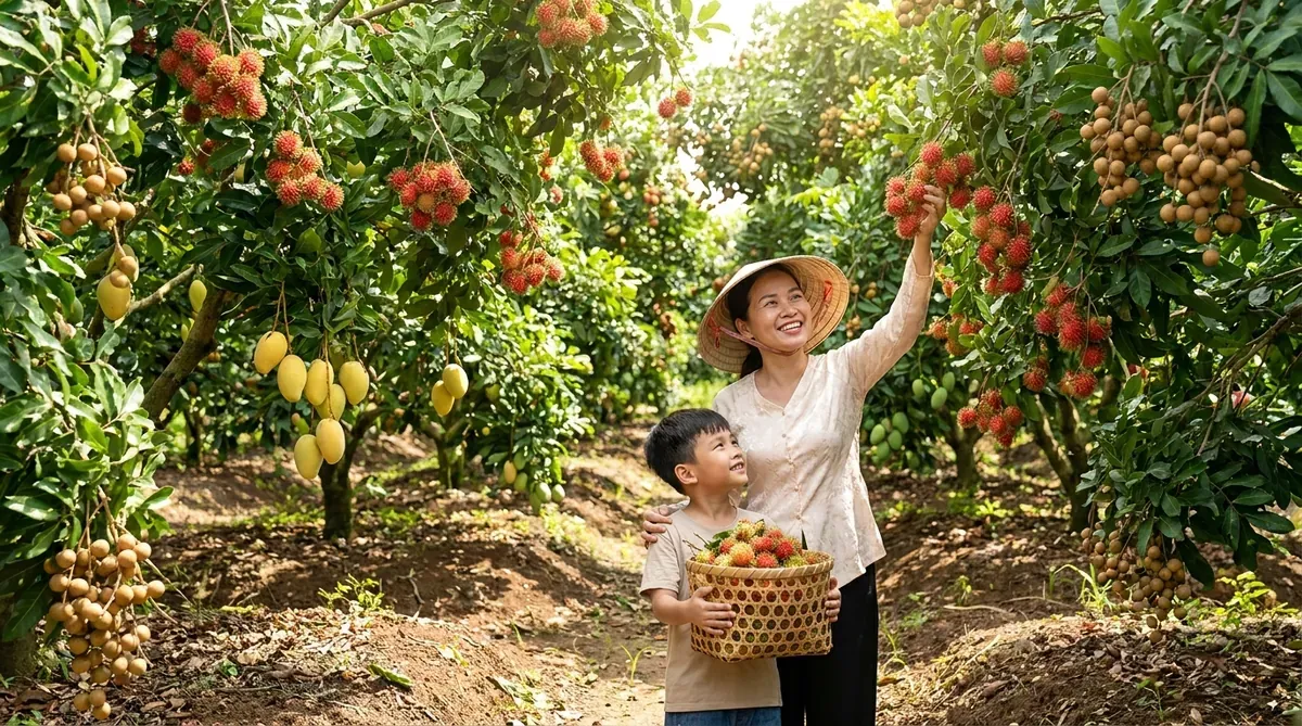 Vườn cây trái sum suê tại Trung An, du khách nón lá đang hái quả chín.