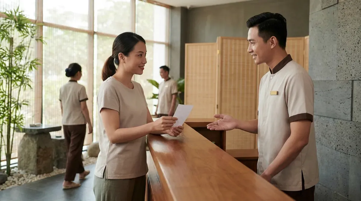 Khách hàng trao đổi với quản lý cơ sở massage về hóa đơn