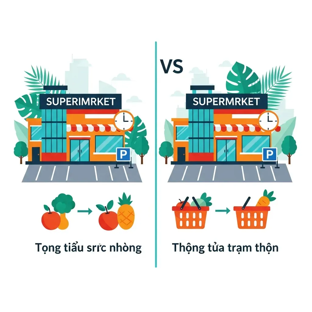 Đồ họa so sánh hai chi nhánh siêu thị qua biểu tượng tòa nhà, bãi xe và thực phẩm
