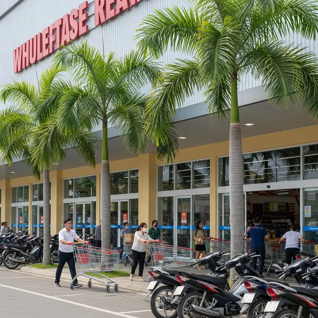 Mặt tiền siêu thị bán sỉ lẻ hiện đại tại Thủ Đức với khách hàng Việt Nam đẩy xe vào cửa