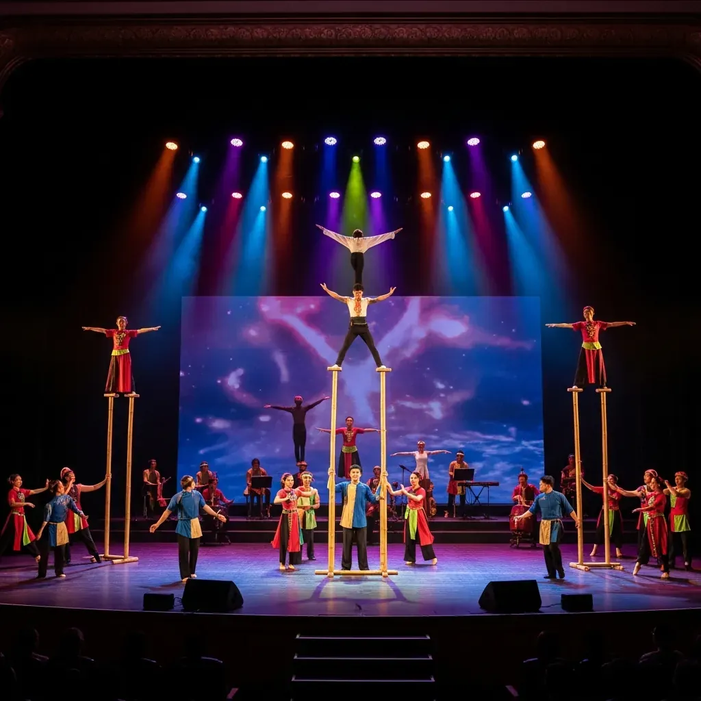 Cảnh biểu diễn show đương đại với xiếc tre và vũ đạo trên sân khấu Nhà hát Thành phố