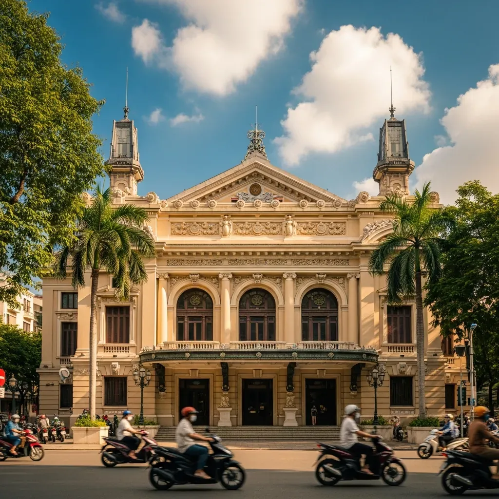 Mặt tiền Nhà hát Thành phố Hồ Chí Minh mang kiến trúc Pháp cổ điển dưới nắng chiều