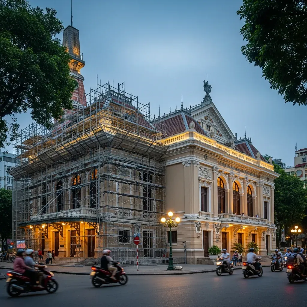 Nhà hát Thành phố đang được tu bổ với giàn giáo nhưng vẫn mở cửa và sáng đèn
