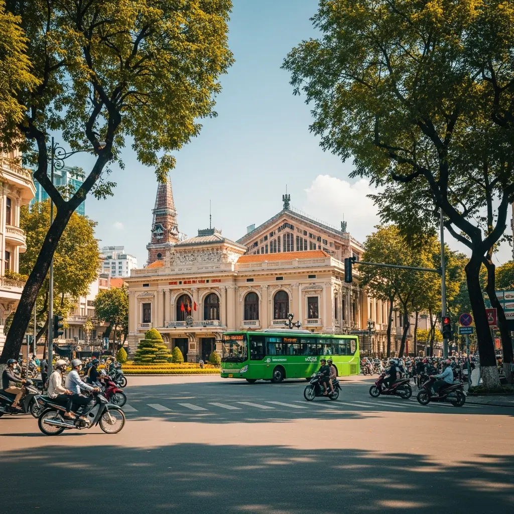 Nhà hát Thành phố tại giao lộ Đồng Khởi và Nguyễn Huệ với xe buýt và xe máy