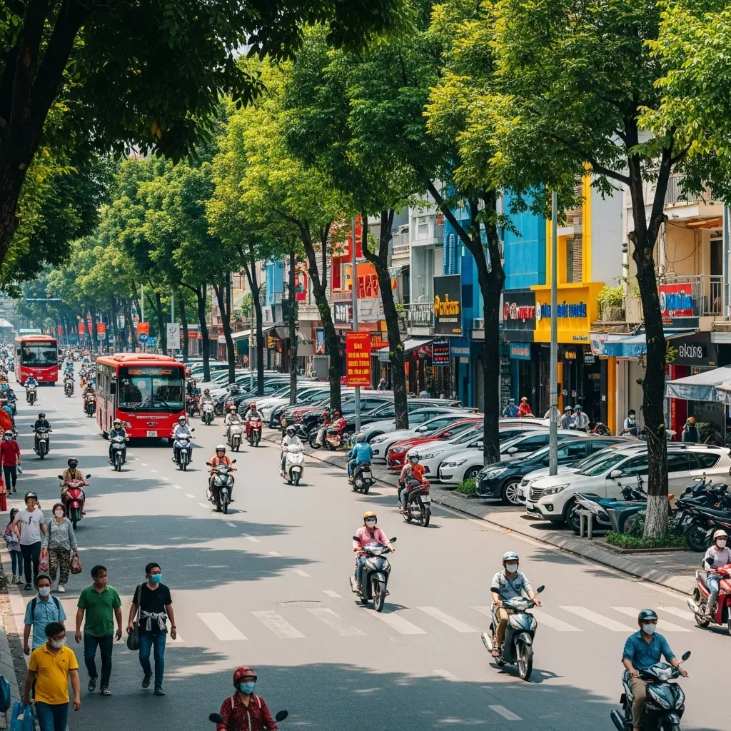 Đường Hoàng Văn Thụ với xe buýt, bãi gửi xe và quán xá lân cận