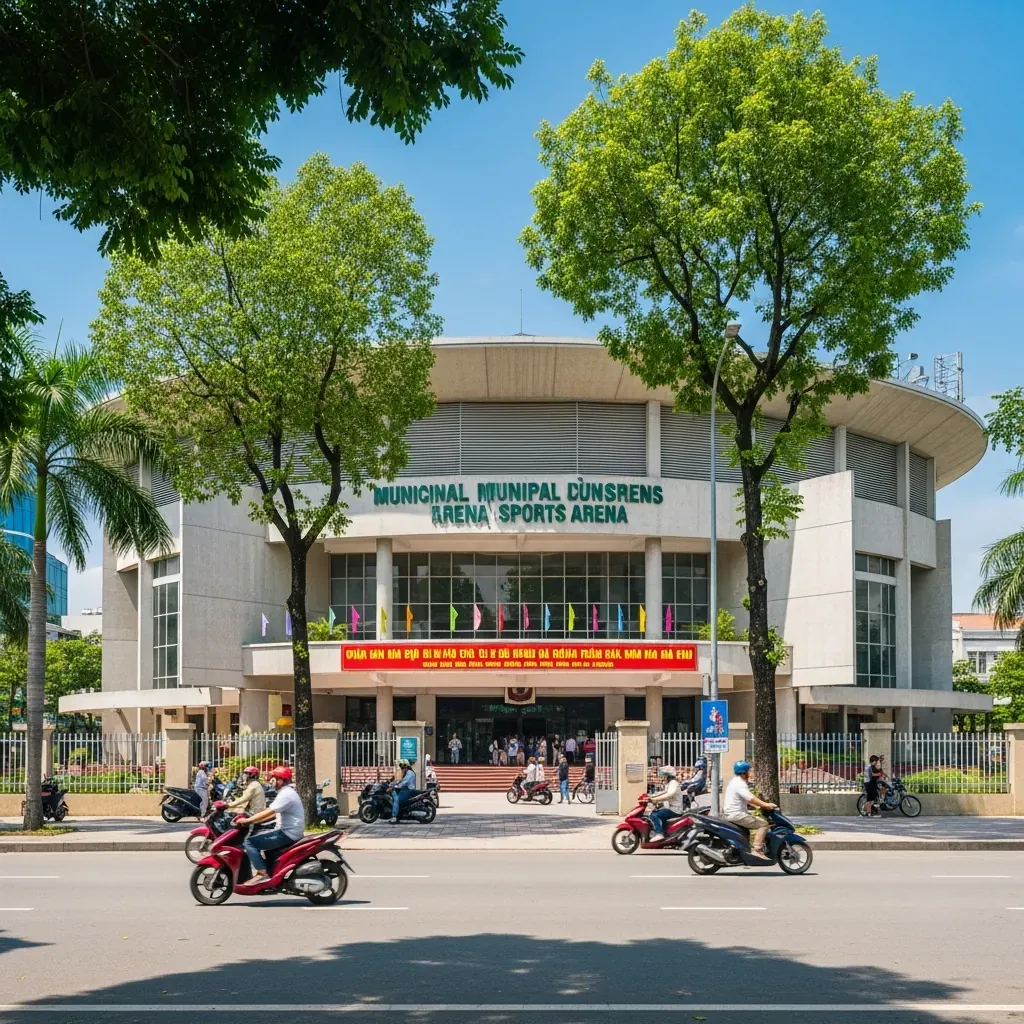 Mặt tiền Nhà thi đấu Tân Bình trên đường Hoàng Văn Thụ
