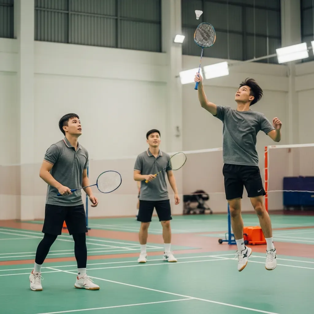 Nhóm bạn trẻ Việt Nam chơi cầu lông trong nhà thi đấu