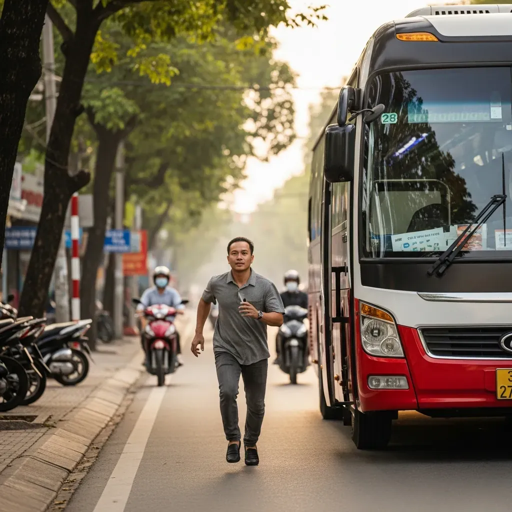 Hành khách Việt Nam chạy theo xe khách vừa rời bến.