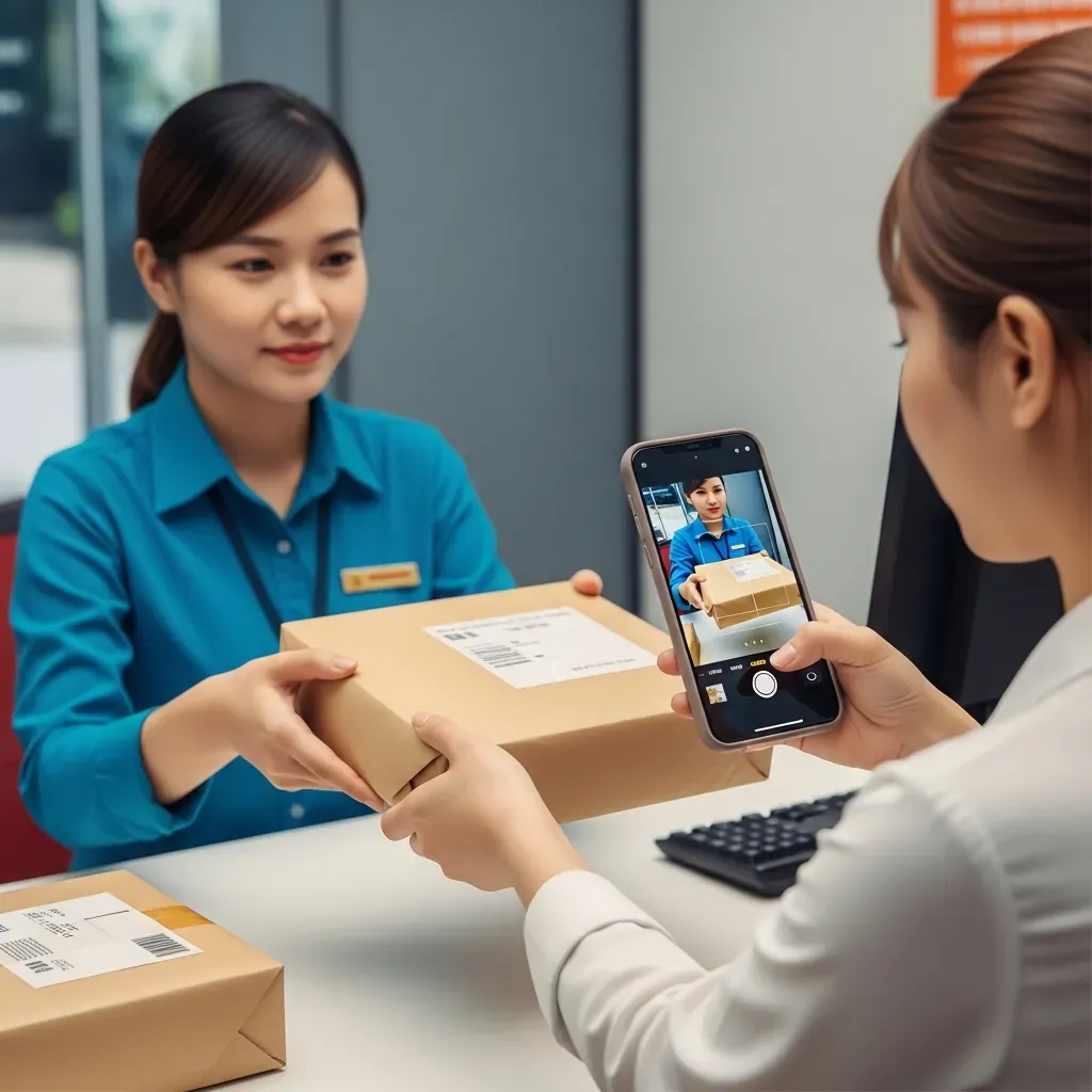 Khách hàng nữ chụp ảnh gói hàng trước khi gửi tại quầy nhà xe.