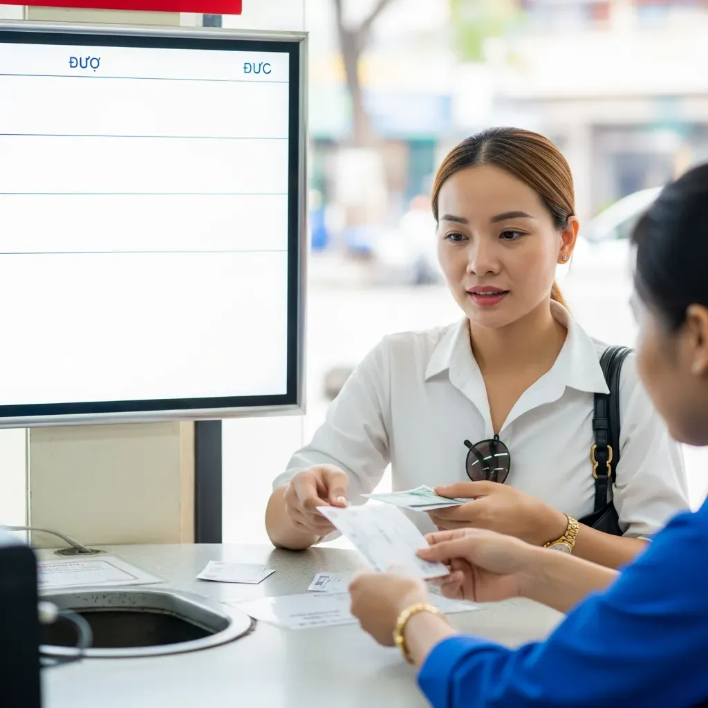 Khách hàng nữ nhận vé từ quầy bán vé nhà xe, kiểm tra kỹ vé.