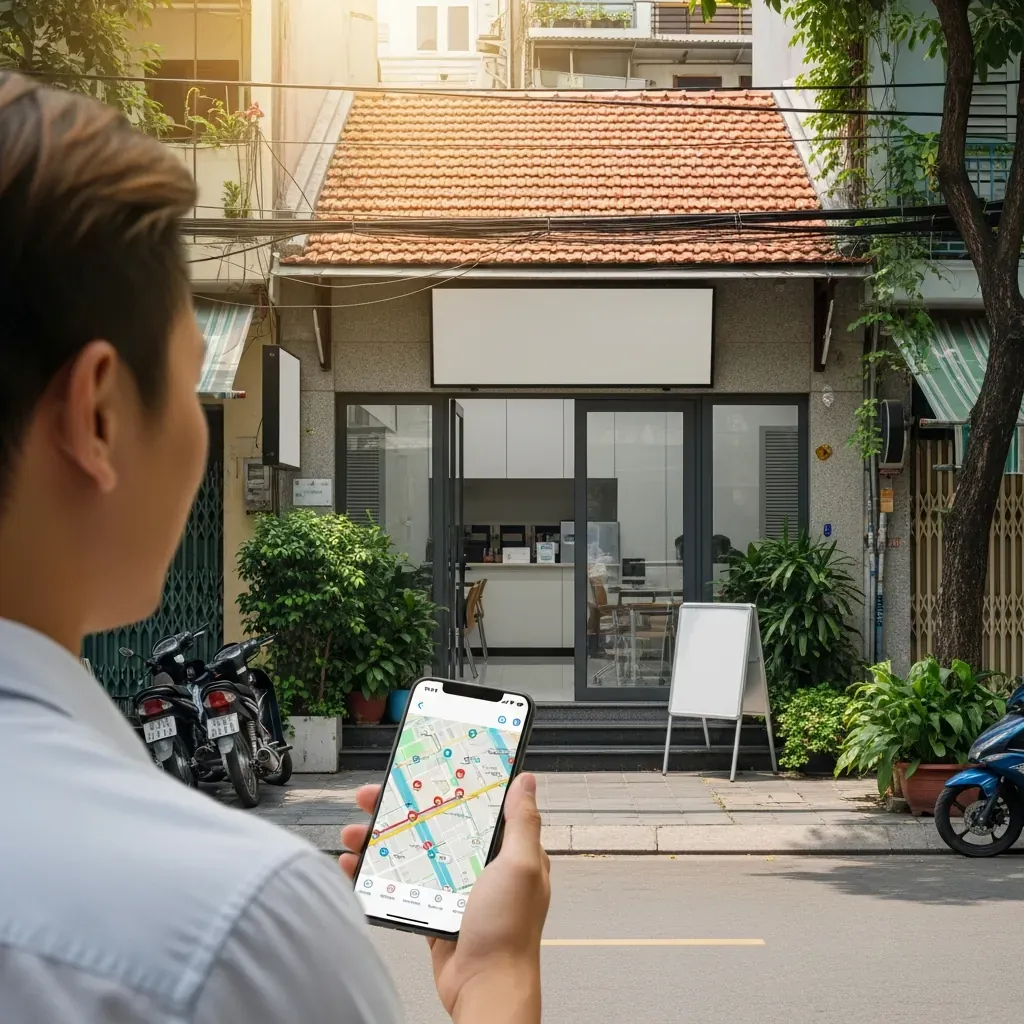Người đàn ông Việt Nam kiểm tra điện thoại trước văn phòng nhà xe tại đường Nguyễn Duy Dương, Quận 5