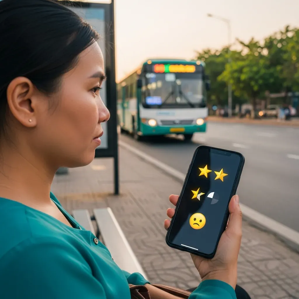 Người phụ nữ Việt Nam xem đánh giá 2.2 sao trên điện thoại ở bến xe.