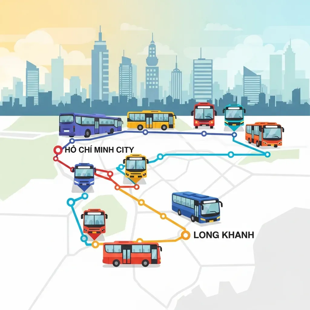 Sơ đồ minh họa tuyến đường Sài Gòn - Long Khánh với nhiều biểu tượng xe khách cạnh tranh.