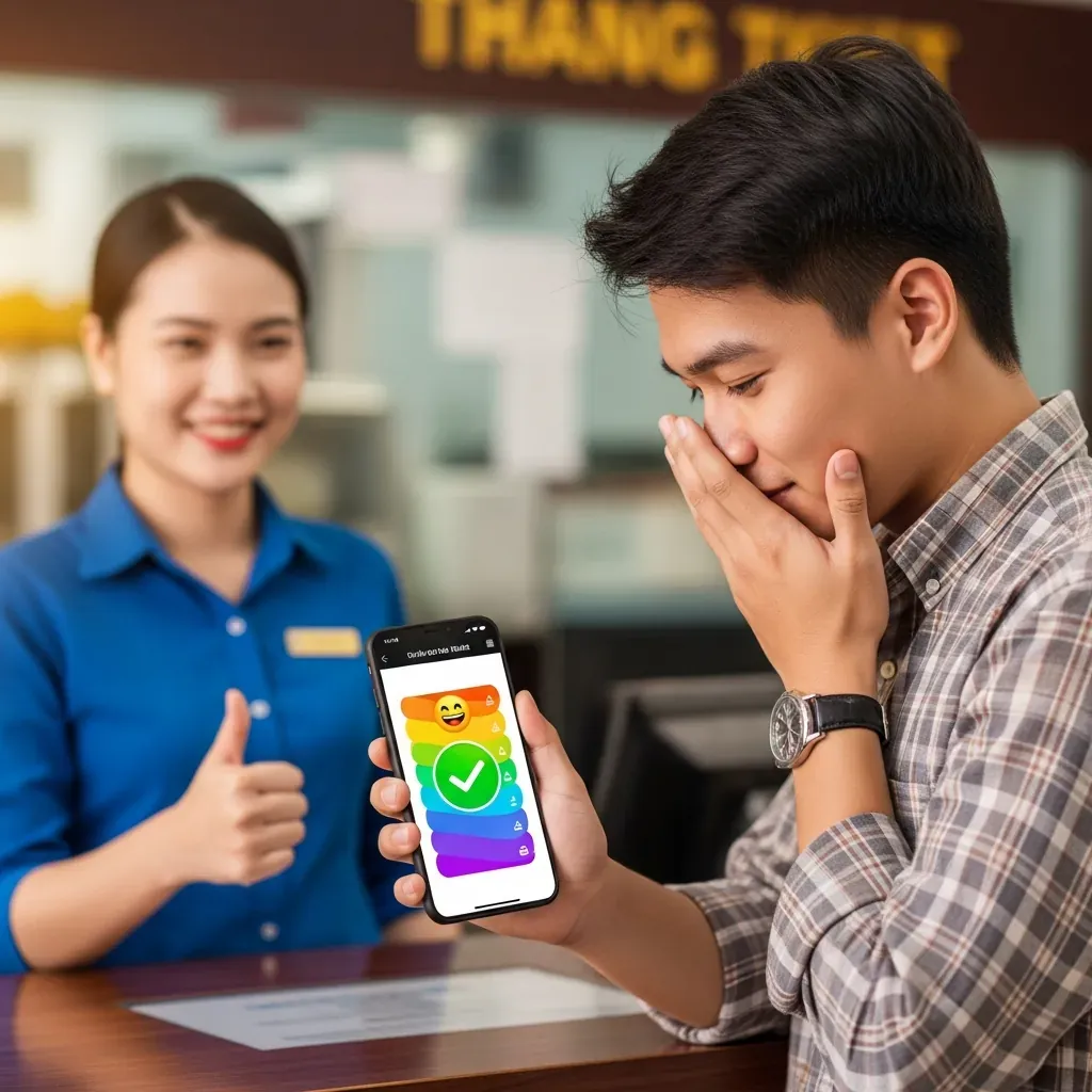 Thanh niên Việt Nam xác nhận thanh toán thành công qua ví điện tử trước quầy vé.