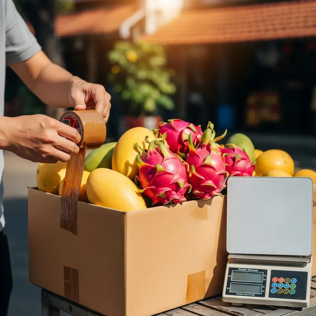 Cận cảnh thùng carton đựng trái cây nhiệt đới được dán băng keo, bên cạnh cân hành lý.