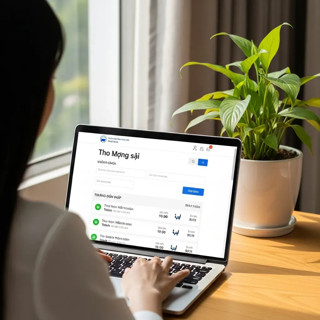 Góc nhìn qua vai một người dùng máy tính xách tay hiển thị trang web đặt vé Thành Công với giao diện tiếng Việt.