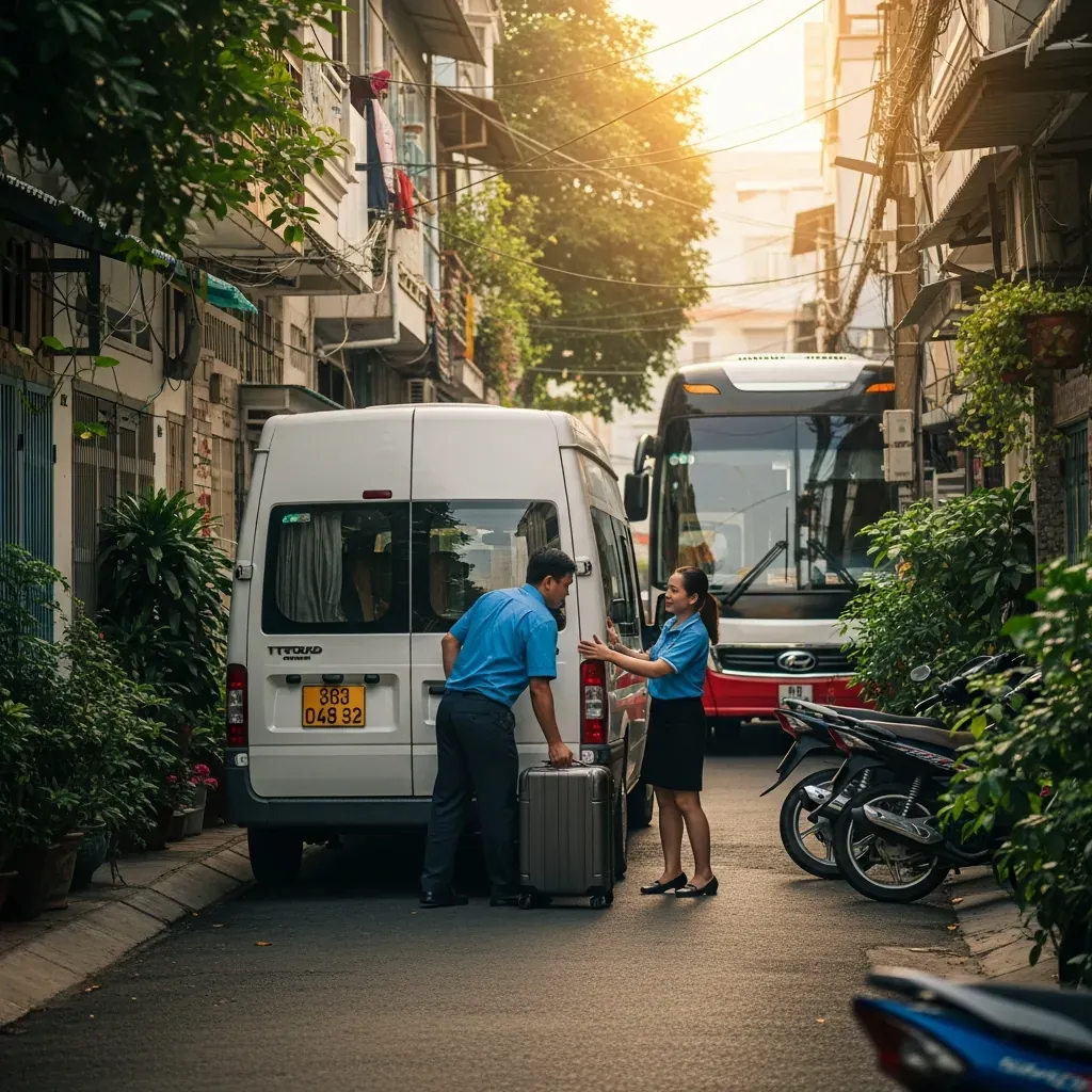 Hành khách được đón bởi xe trung chuyển nhỏ trên phố Sài Gòn, chuẩn bị lên xe limousine.